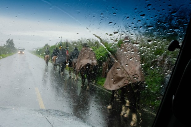 Grupo de tradicionalistas gaúchos cavalgam debaixo de chuva seguindo  para encontro da Semana Farroupilha, na BR 101 no  RS . Foto Joel Silva / Folhapress.